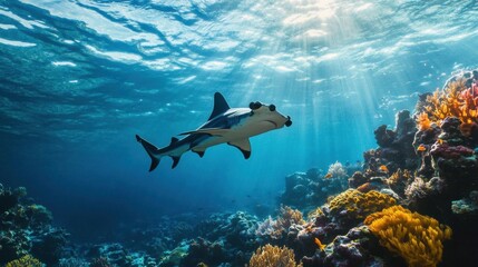 Obraz premium Hammerhead shark swimming near coral.