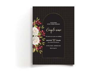 WEDDING INVITATION FRAME WITH FLOWER DECORATIONS AND FRESH LEAVES