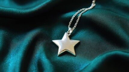 A silver star pendant lying on an emerald green silk background, reflecting light.