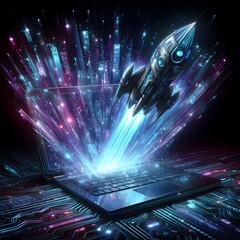  Futuristic Rocket Launch Digital Cityscape from Laptop