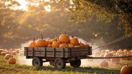 Wooden wagon filled with pumpkins being pulled through field, hayride moment, soft golden sunlight, joyful traditional harvest festival feel