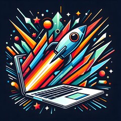 Stylized Rocket Launch from Laptop Vector Illustration