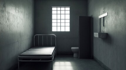An isolated prison cell with minimal furnishings.