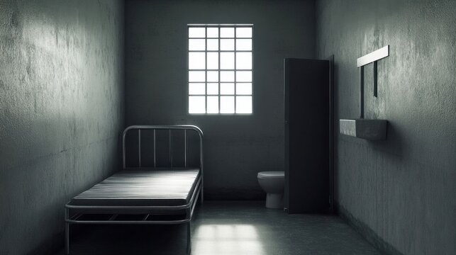 An isolated prison cell with minimal furnishings.