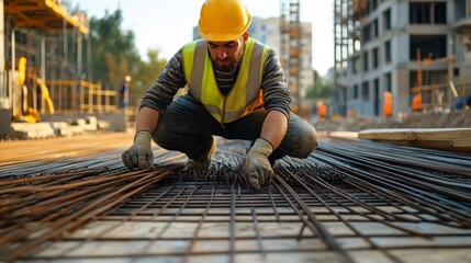 Construction Worker Securing Rebar on Construction Site Wearing Safety Gear