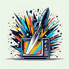 Stylized Rocket Launch Burst from Retro TV Vector