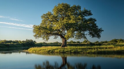 Fototapeta premium Reflecting solitude: Majestic oak mirroring in serene waterscape at twilight glow
