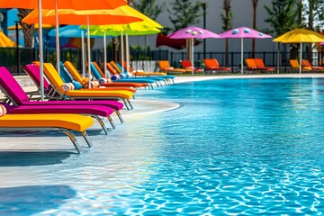 Water park pool with kid-friendly sun loungers and bright, playful umbrellas.