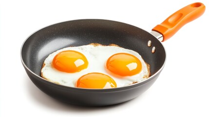 Three Sunny Side Up Eggs Cooking in Frying Pan on White Background