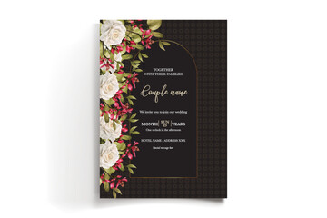 WEDDING INVITATION FRAME WITH FLOWER DECORATIONS AND FRESH LEAVES