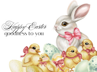 Easter card with cute animals and eggs. Rabbit, ducklings, chickens in watercolor illustration style. Holiday greeting template. Spring print