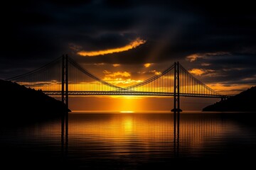 Obraz premium A view of the 25 de Abril Bridge at sunrise, with golden light reflecting on the Tagus River