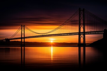Obraz premium A view of the 25 de Abril Bridge at sunrise, with golden light reflecting on the Tagus River