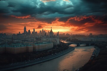 Fototapeta premium Stunning sunset over a vibrant city skyline and river in Moscow with dramatic clouds
