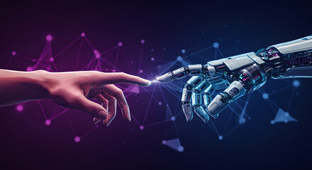 Naklejka premium Artificial intelligence hand touching human finger, digital future and advanced technology for innovation research, connection and partnership concept