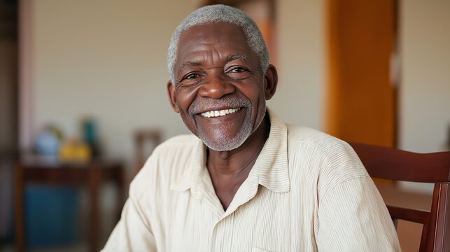 Elderly man with HIV smiling, embracing life joyfully in a warm and welcoming environment