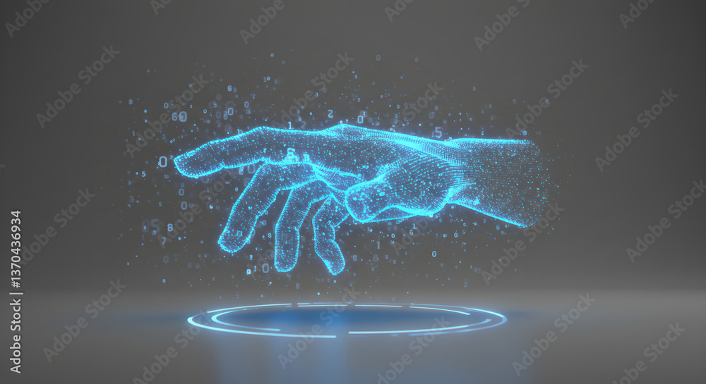 Poster digital hand touching virtual display with numbers. conceptual metaverse future technology connectio