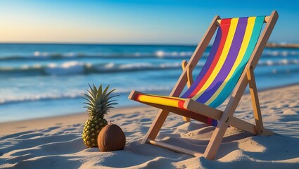  A beach scene featuring a deck chair and a pineapple on the sand