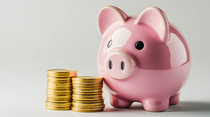 Pink piggy bank stands beside several shiny gold coins, illustrating savings and financial management