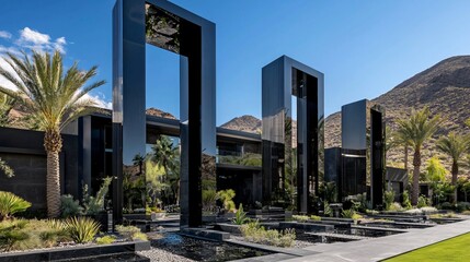 Modern architectural home entrance with striking black features