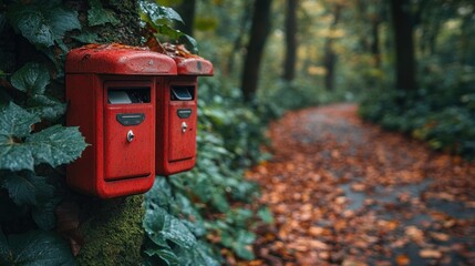 Red postboxes in autumn forest