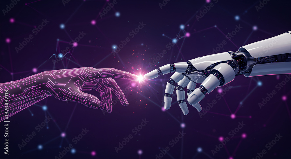 Poster connection between artificial intelligence and humans. concept of the communication between neural n