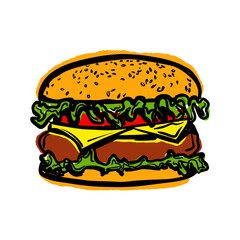 Colorful Burger Illustration – Tasty Hand-Drawn Burger for Menu