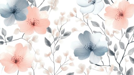 Soft Pastel Floral Arrangement with Delicate Leaves and Gentle Colors on White Background
