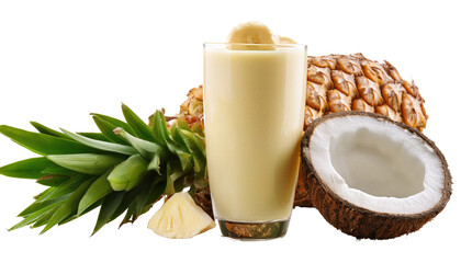Tropi-colada smoothie. Glass of banana, coconut and pineapple smoothie Isolated On PNG Transparent and White Background 