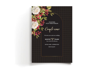 WEDDING INVITATION FRAME WITH FLOWER DECORATIONS AND FRESH LEAVES