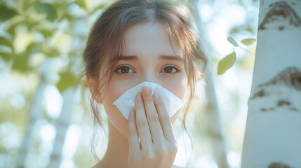 In a tranquil birch woodland, a woman gently blows her nose, reflecting the struggle with seasonal allergies in the midst of spring's beauty. Her expression resonates with the impact of pollen