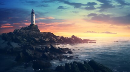 Majestic Lighthouse Stands on Rocky Coast at Sunset