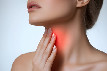 Soft lighting captures a woman touching her throat, showing signs of mild discomfort or irritation