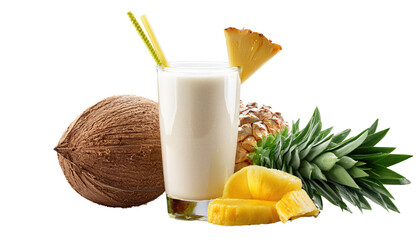 Tropi-colada smoothie. Glass of banana, coconut and pineapple smoothie Isolated On PNG Transparent and White Background 