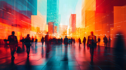 Silhouettes of business people walking in a Abstract Background creating a dynamic atmosphere of movement.