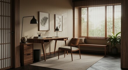 Fototapeta premium Inviting Home Office Setup with Wooden Desk, Chair, and Natural Light