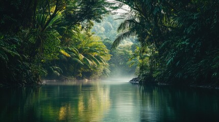 Serene river journey through an exuberant jungle landscape with lush vegetation