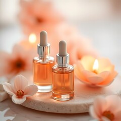 Naklejka premium Serene Spa Vibes: Artistic Macro Photography of Calming Ampoules in Peach and Champagne Hues