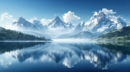 Celestial-inspired landscape with high fantasy mountain ranges casting infinite reflections in deep water