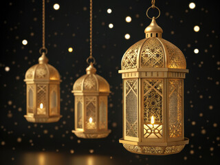 Luxurious golden lanterns with intricate designs, glowing softly against dark background, create warm and inviting atmosphere