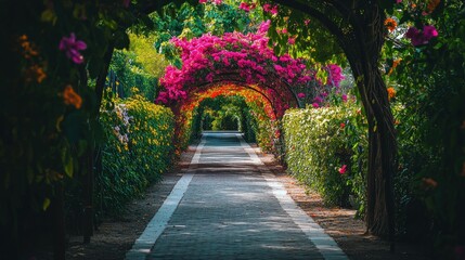 A beautiful garden path is framed by flowering arches overhead