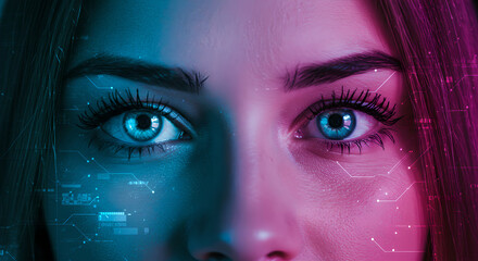 Futuristic artificial intelligence concept. Woman face with blue eyes augmented with digital circuit overlay visualization. Use for digital avatar and augmented reality
