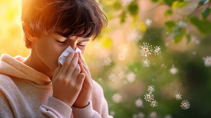 Obraz premium A young boy in a light hoodie is caught in a moment of sneezing as sunlight filters through green leaves. Pollen floats around him, highlighting the effects of spring allergies