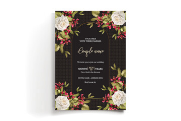 WEDDING INVITATION FRAME WITH FLOWER DECORATIONS AND FRESH LEAVES