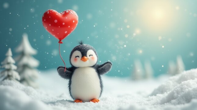 Cheerful cartoon penguin holding heart balloon in snowy winter landscape