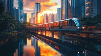 Fototapeta premium Modern metropolis monorail journey reflecting on the water during a stunning sunset