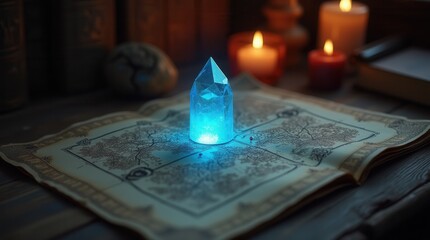 Mystical glowing crystal point on ancient map in candlelit room