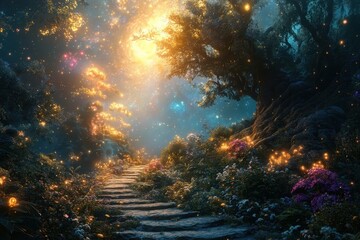 Fototapeta premium Enchanted forest pathway illuminated by magical light in a dreamlike atmosphere