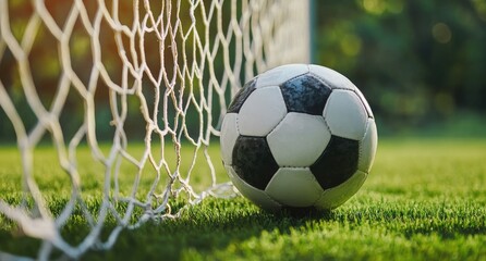 Soccer Ball Resting in Net on Vibrant Green Field Close Up Shot with Selective Focus and Blurred Background Under Soft Sunny Light