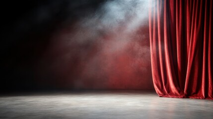 A captivating red curtain set against a dark backdrop, illuminated by soft beams of light, creating an atmosphere of intrigue and anticipation in an artistic context.